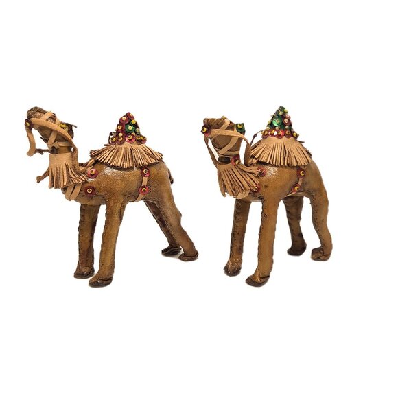 Vtg Leather Camel Ornament Lot x2 4" Handmade Christmas Nativity Figurine - Picture 1 of 9